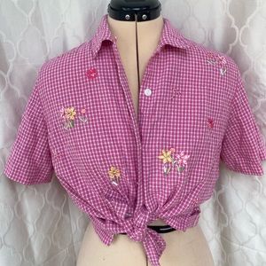 Barbie core gingham pink floral embroidered top